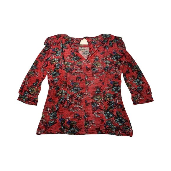 Free People Dock Street Red Ruffle Top Floral Shirt Women's Size Small Stretch - Picture 2 of 5